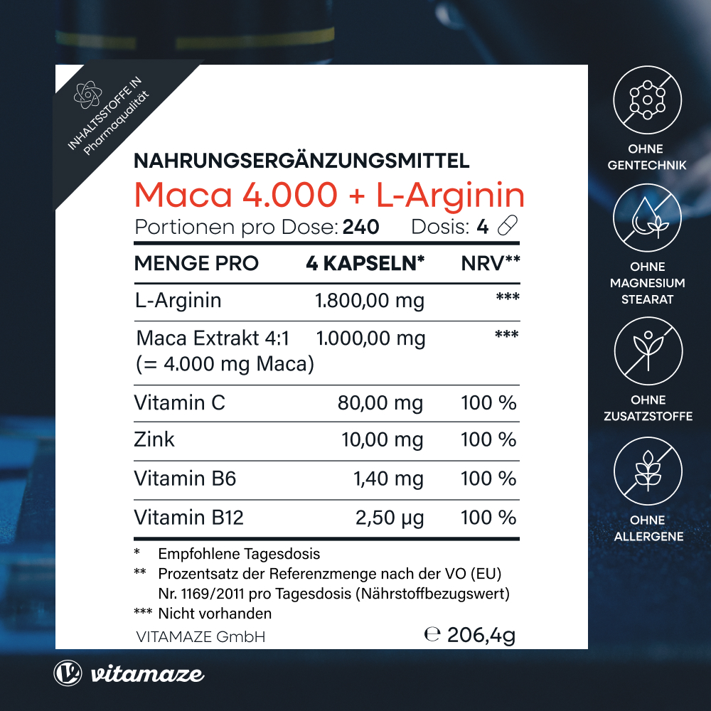 Maca 4000 hochdosiert + L-Arginin + Vitamine + Zink (240 St)
