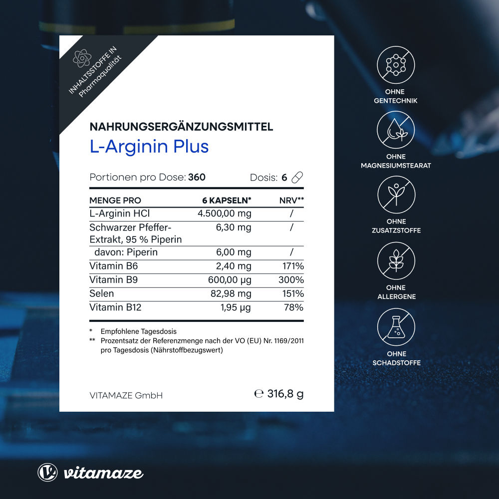 L-Arginin 750 Hochdosiert + Piperin + Vitamine + Selen (360 St)