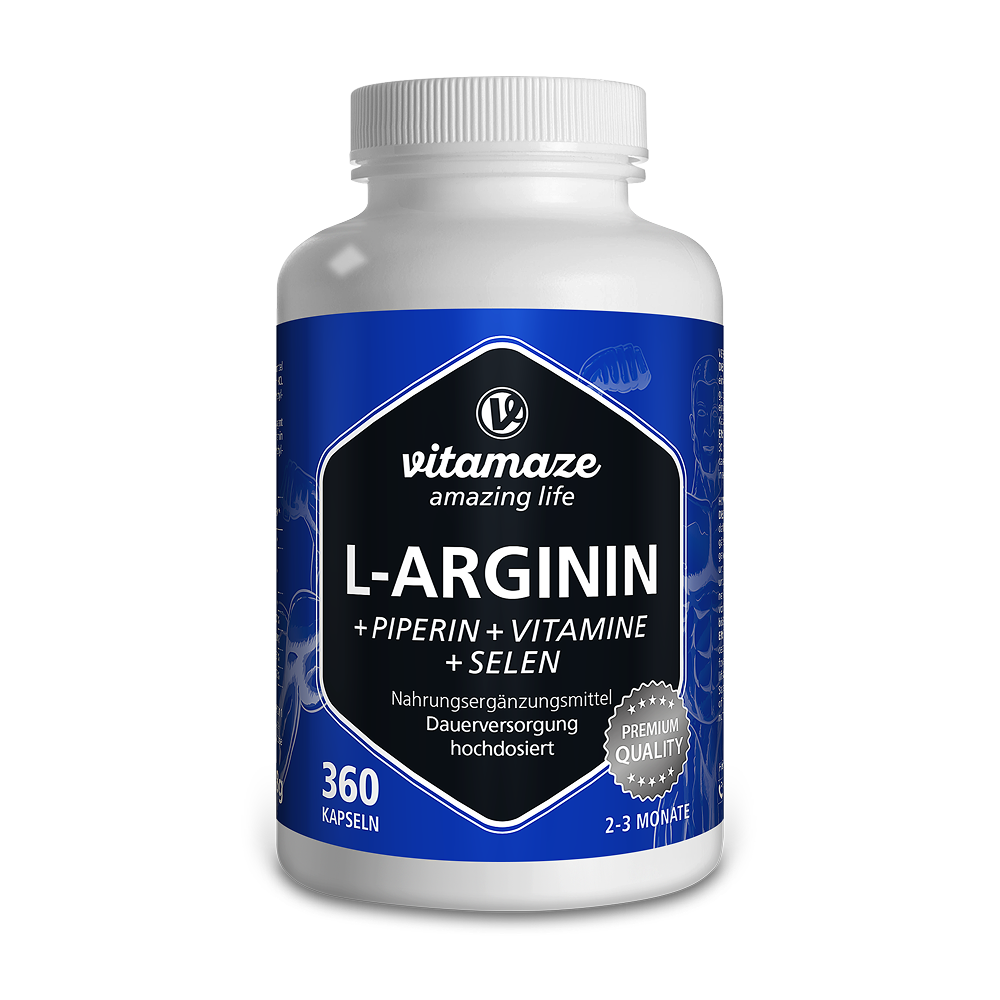 L-Arginin 750 Hochdosiert + Piperin + Vitamine + Selen (360 St)