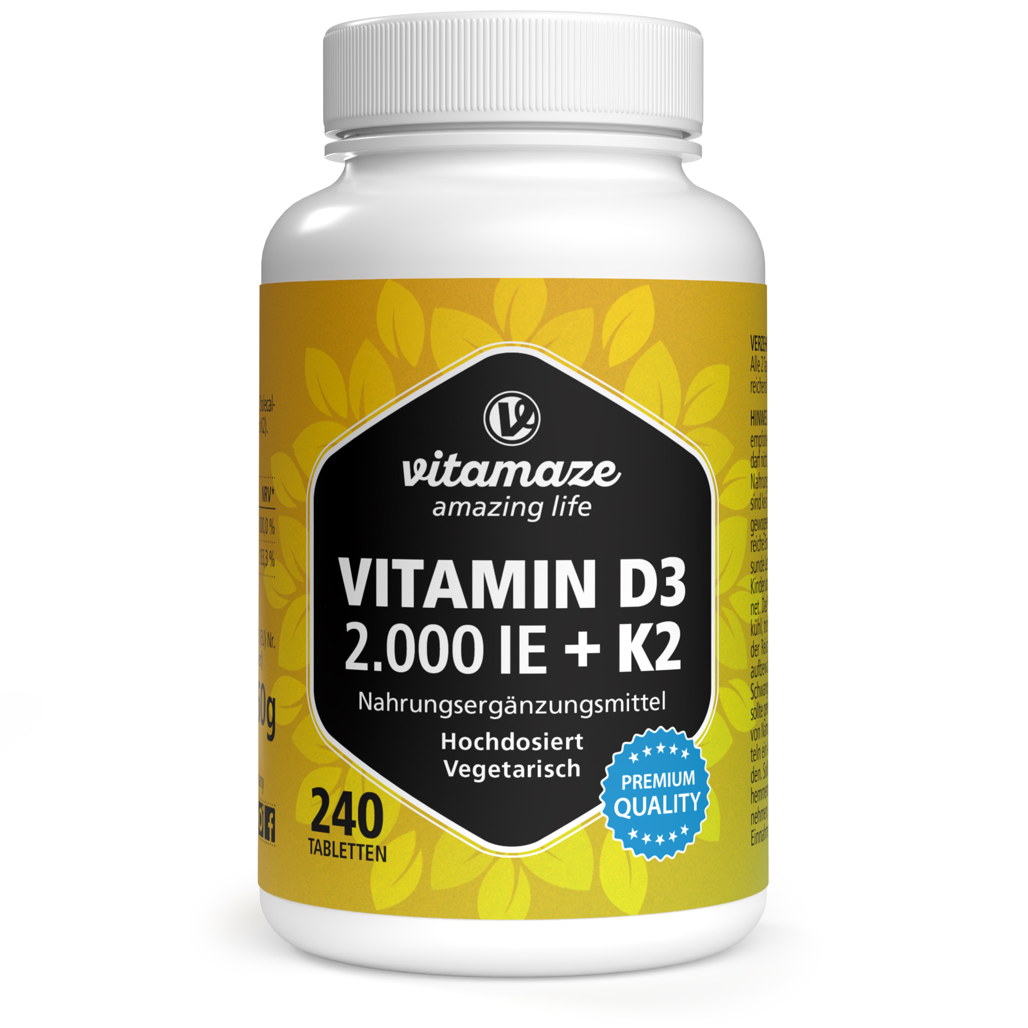 Vitamin D3 2.000 IE + K2 100 µg hochdosiert (240 St)