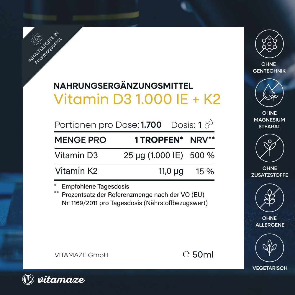 Vitamin D3 + K2 Tropfen, hochdosiert & vegetarisch (50 ml)