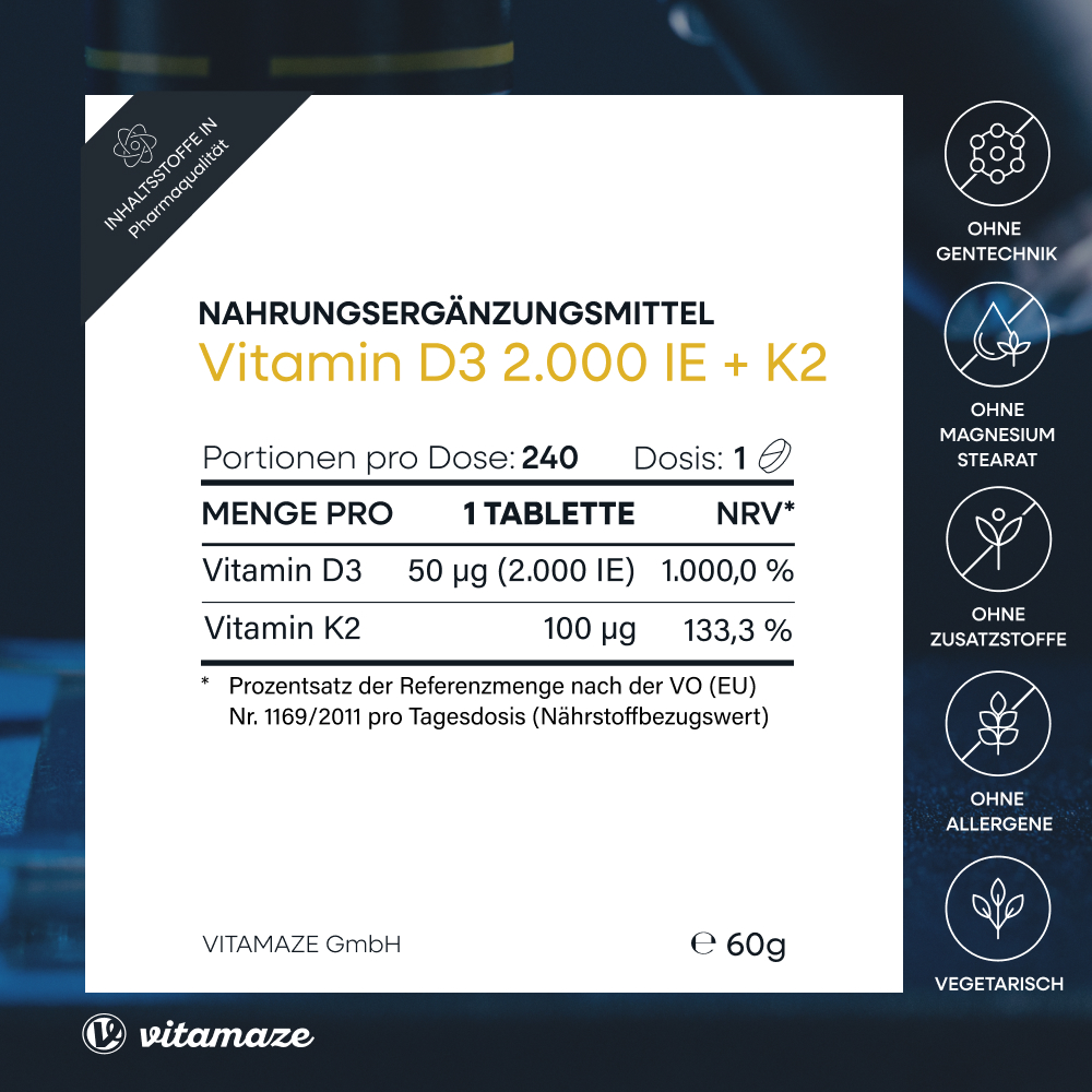 Vitamin D3 2.000 IE + K2 100 µg hochdosiert (240 St)